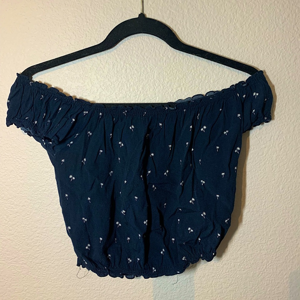 Brandy Melville off-the-shoulder blue crop top.